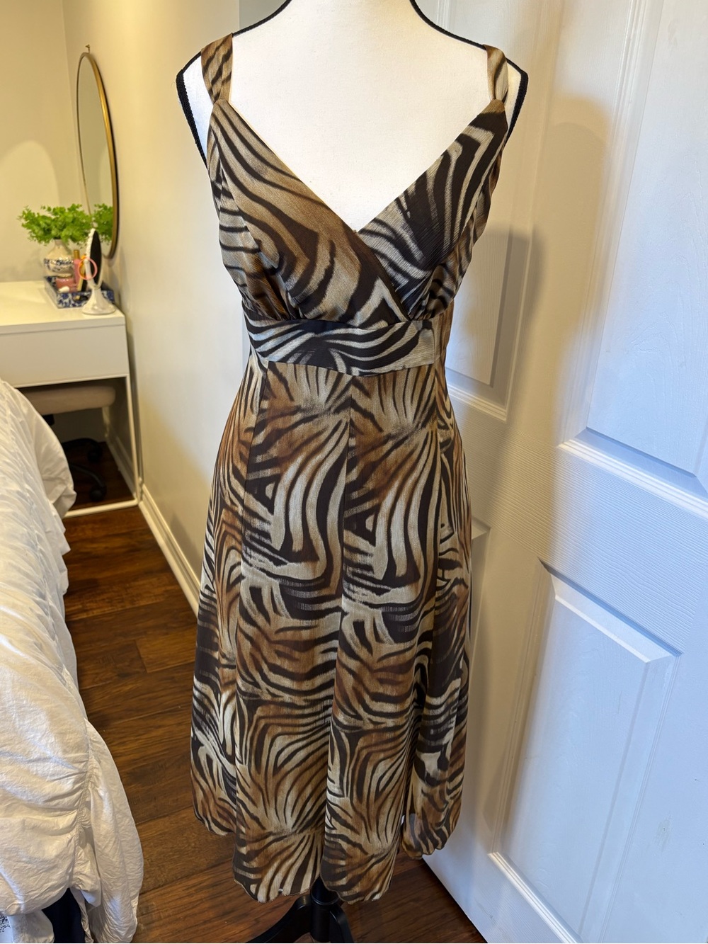 Per Una Brown Zebra Animal Print Midi Dress Size 16 Y2K